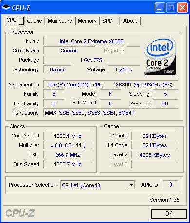 CPU-Z: Intel Core 2 Extreme X6800